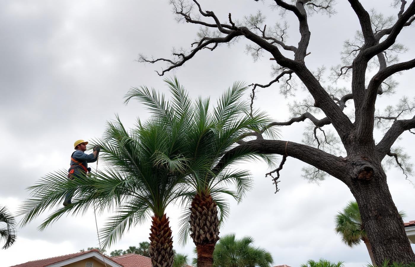 Arborist trimming palm trees near a large oak ahead of hurricane season in Tampa