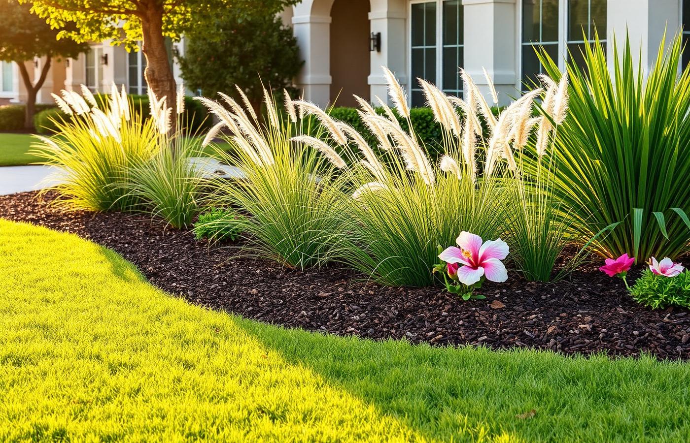 Freshly mulched landscape bed with ornamental grasses and hibiscus at a Tampa home