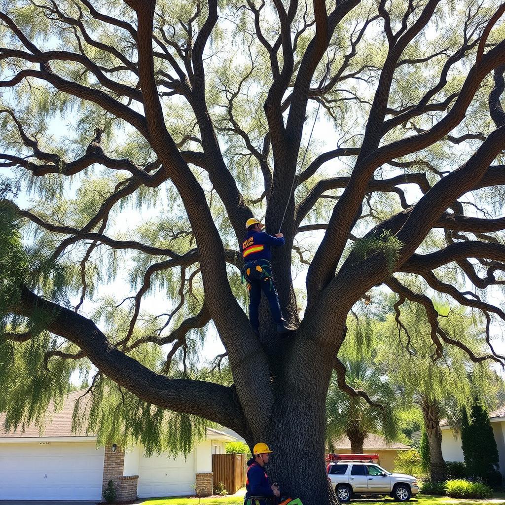 Professional tree removal crew working on a large tree in Tampa